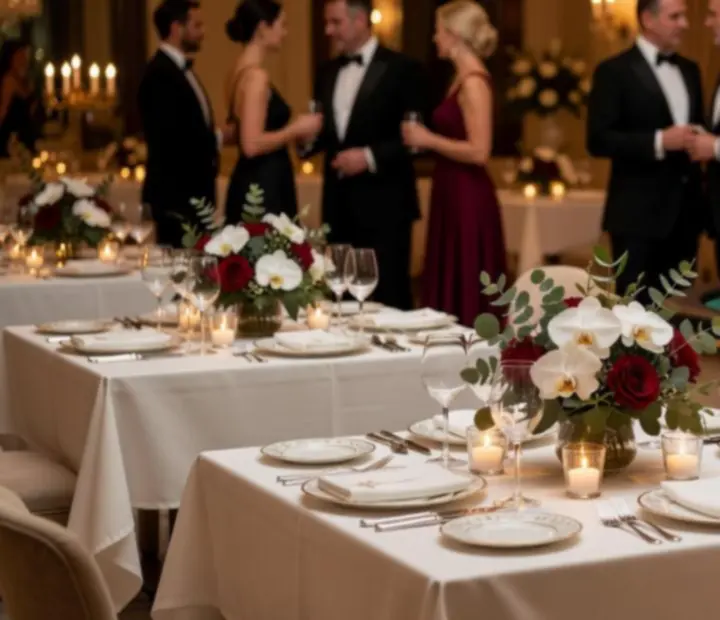 Ambiance chic de dîner avec lumières tamisées et décor floral autour d'une table de jeu.