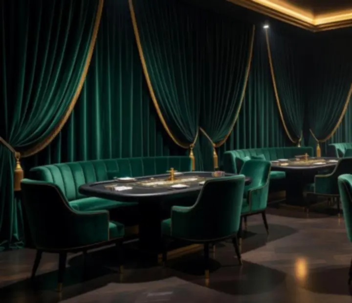 Décor de soirée avec éclairages chaleureux, drapés émeraude et touches dorées autour des tables de mock casino