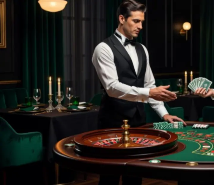 Croupiers professionnels animant une table de jeu dans un restaurant haut de gamme