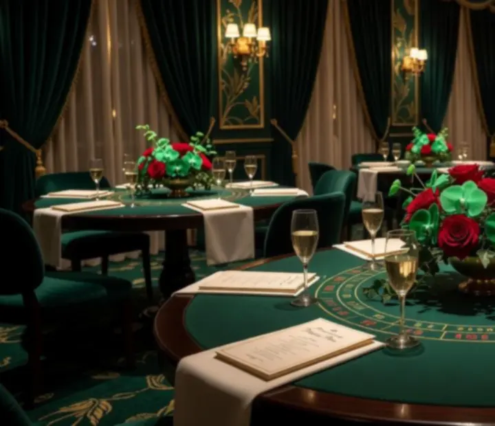 Décor immersif de salle gastronomique avec tables de mock casino intégrées au design