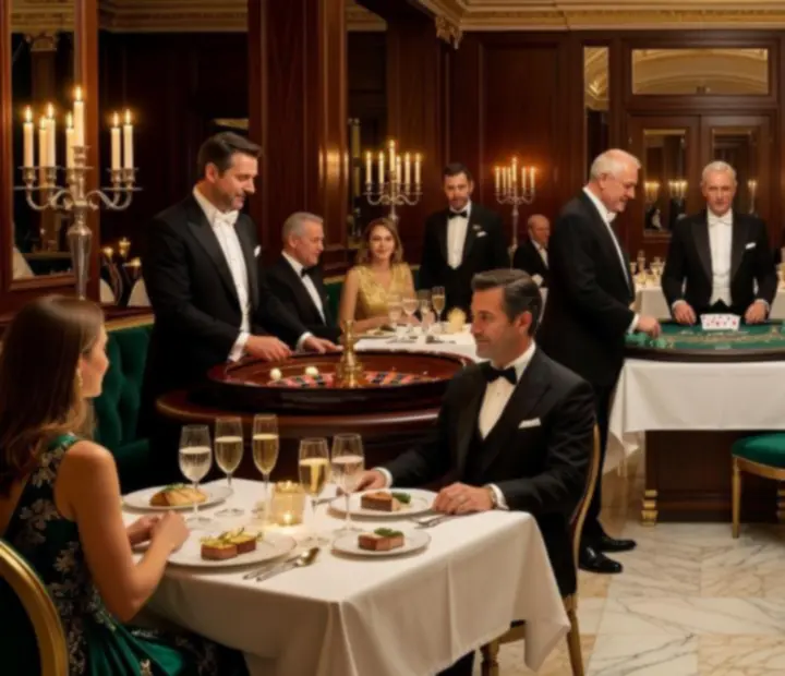 Table de restaurant gastronomique français dressée avec raffinement, entourée de jeux de table animés par des croupiers.