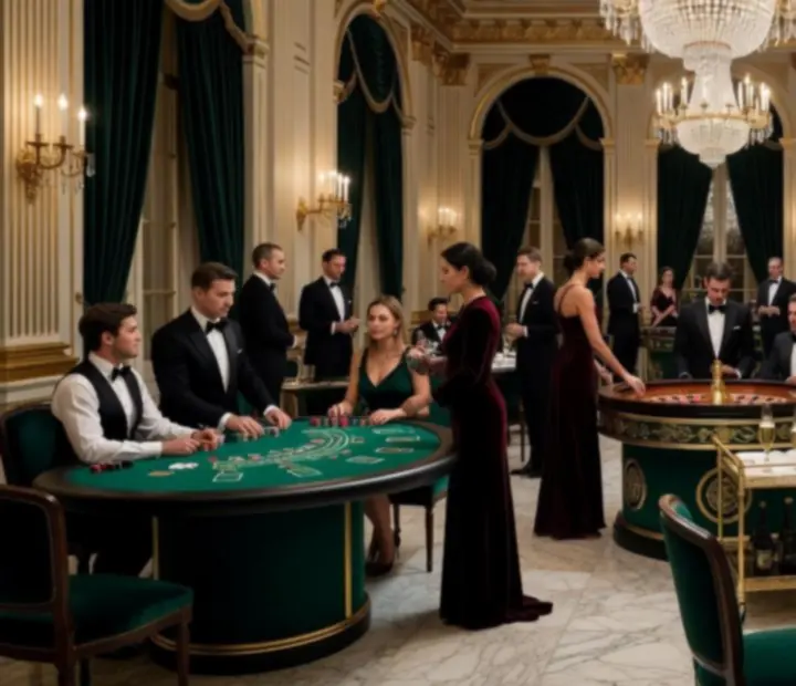 Ambiance feutrée d'un dîner gastronomique avec tables de jeu fictives dans un restaurant en France