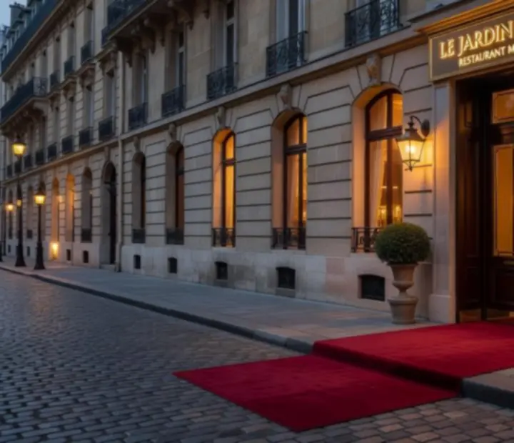 Façade d’un restaurant étoilé à Paris, partenaire d’Aube Cedre