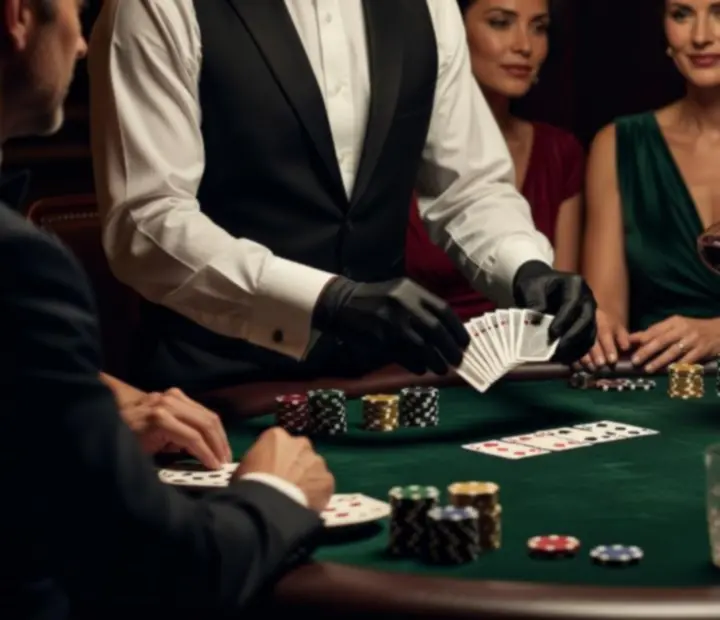 Table de jeu animée par un croupier et sommelier présentant une sélection de grands crus